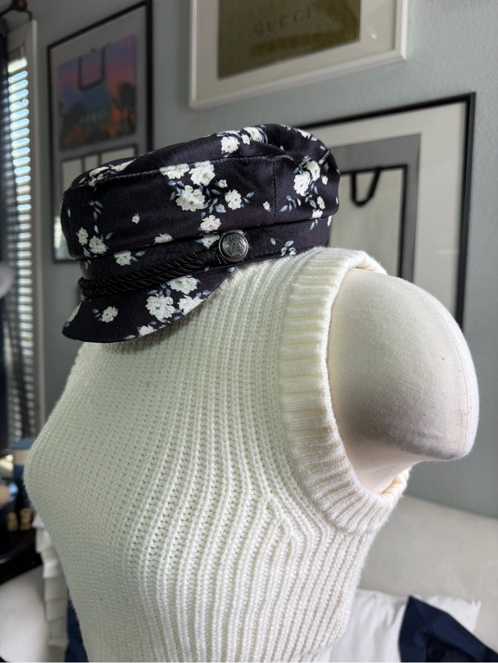 Divided Black Floral Baker Boy Cap